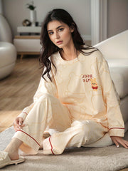 Bear Print Pajama Set Long Sleeve Crew Neck Top & Pants Women's Sleepwear