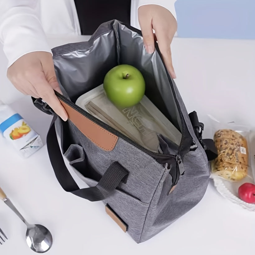 Gray Oxford Fabric Insulated Lunch Bag with Faux Leather Accents
