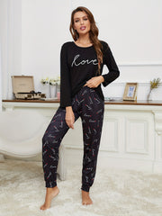 Letter Print Pajama Set Long Sleeve Crew Neck Top & Elastic Waistband Pants