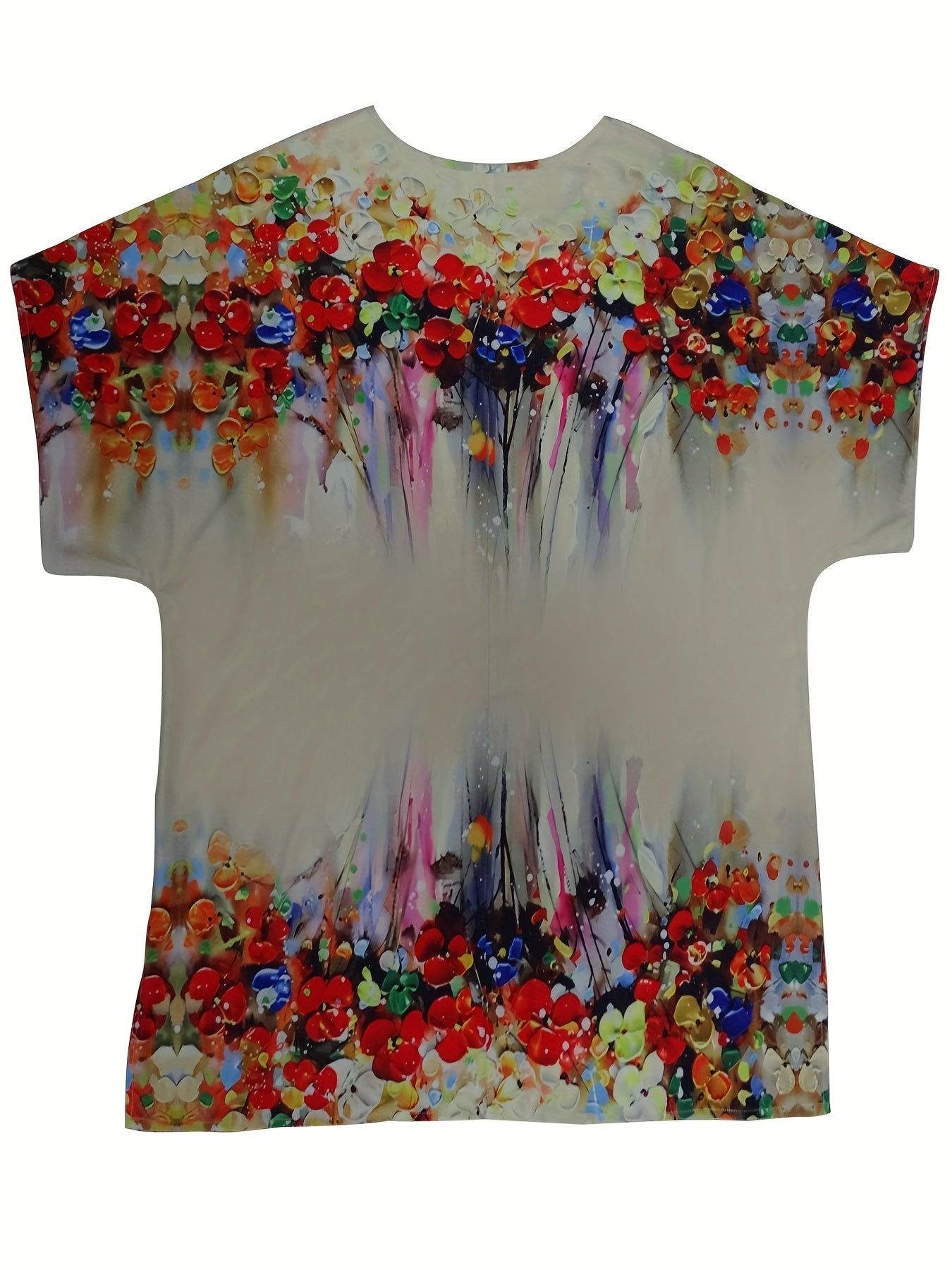 Casual Painting Print Batwing Sleeve Round Neck Blouse