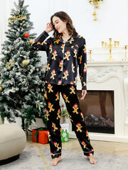 Christmas Satin Pajama Set Long Sleeve Blouse & Elastic Waistband Pants