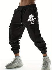 Coconut Tree Dinosaur Print Drawstring Cargo Pants Men