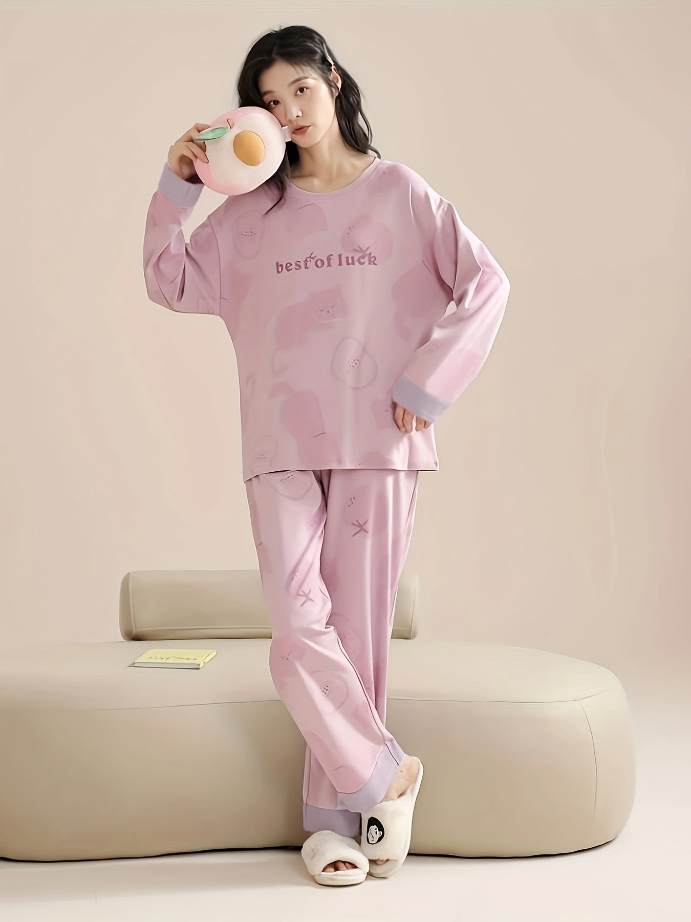 Letter Print Pajama Set Long Sleeve Top & Pants Women's Sleepwear