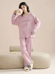 Letter Print Pajama Set Long Sleeve Top & Pants Women's Sleepwear