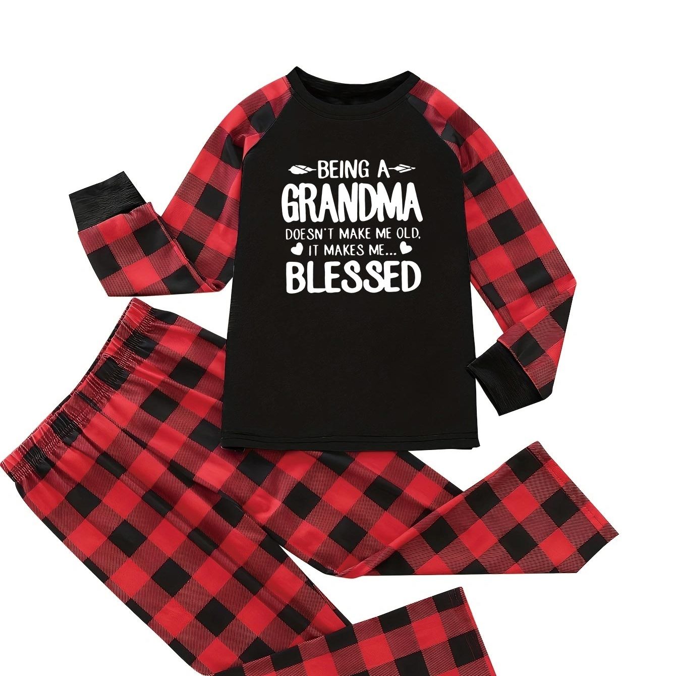 Colorblock Gingham & Slogan Print Tee & Pants Pajama Set
