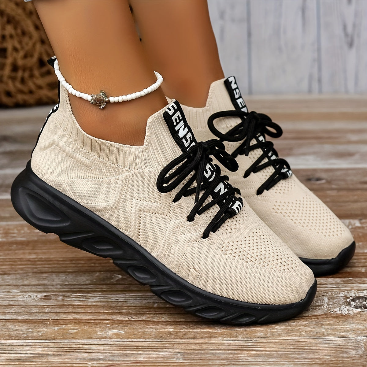 Wave Line Pattern Knit Athletic Running Shoes Mesh Lace up Sneakers