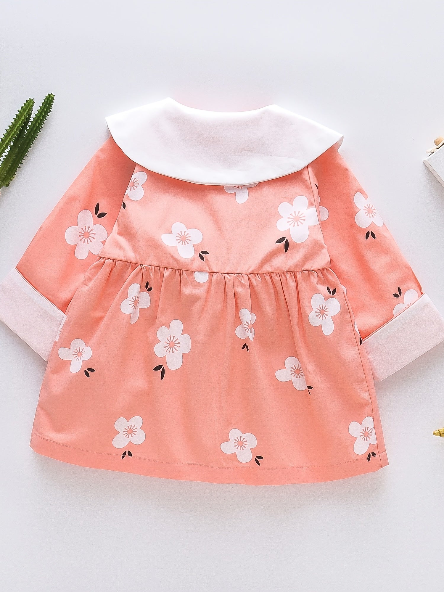Baby Girls Lapel Jacket Flowers Print Button Bow Decor Coat