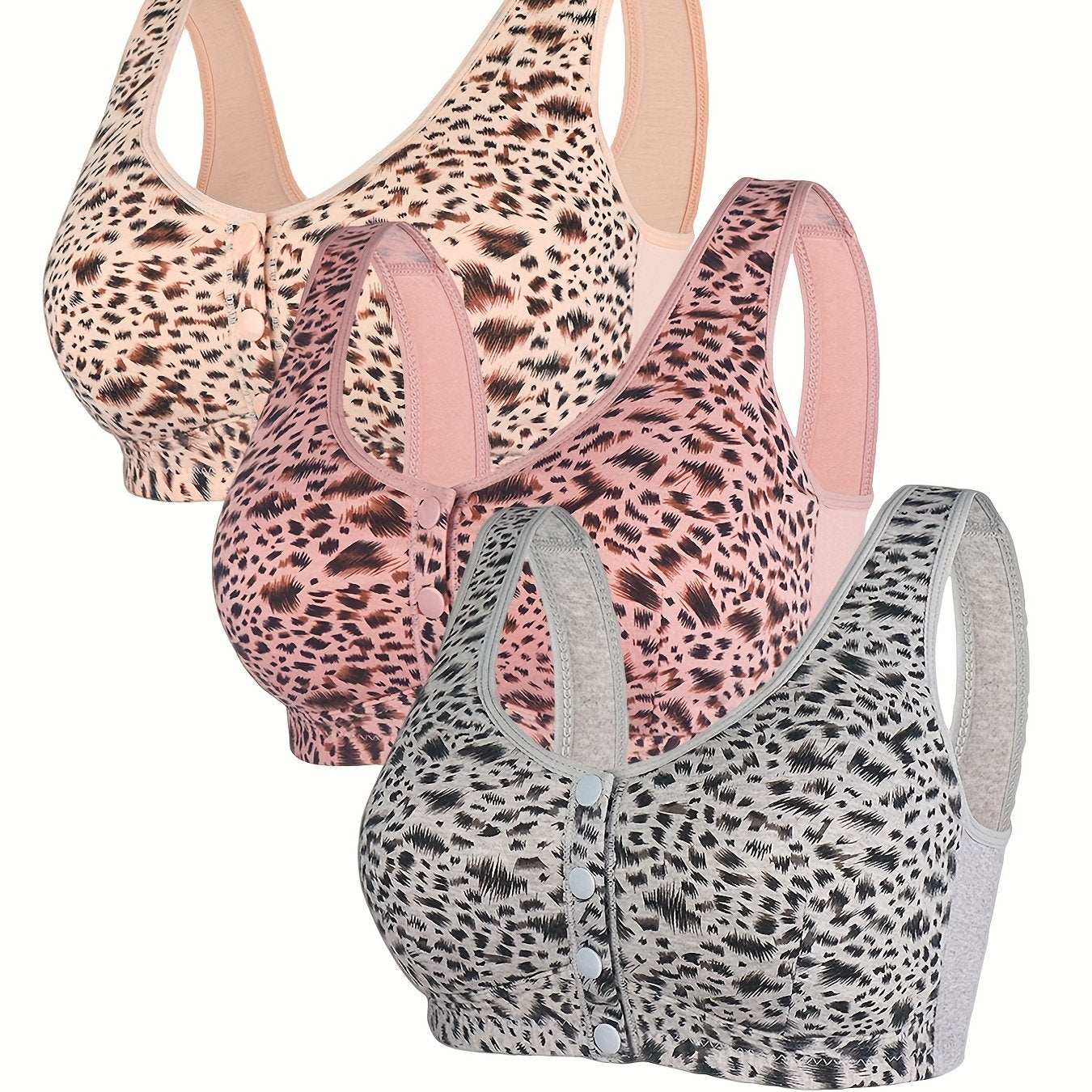 3pcs Leopard Print Wireless Bras Comfy & Breathable Everyday Bra