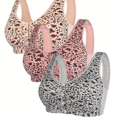 3pcs Leopard Print Wireless Bras Comfy & Breathable Everyday Bra
