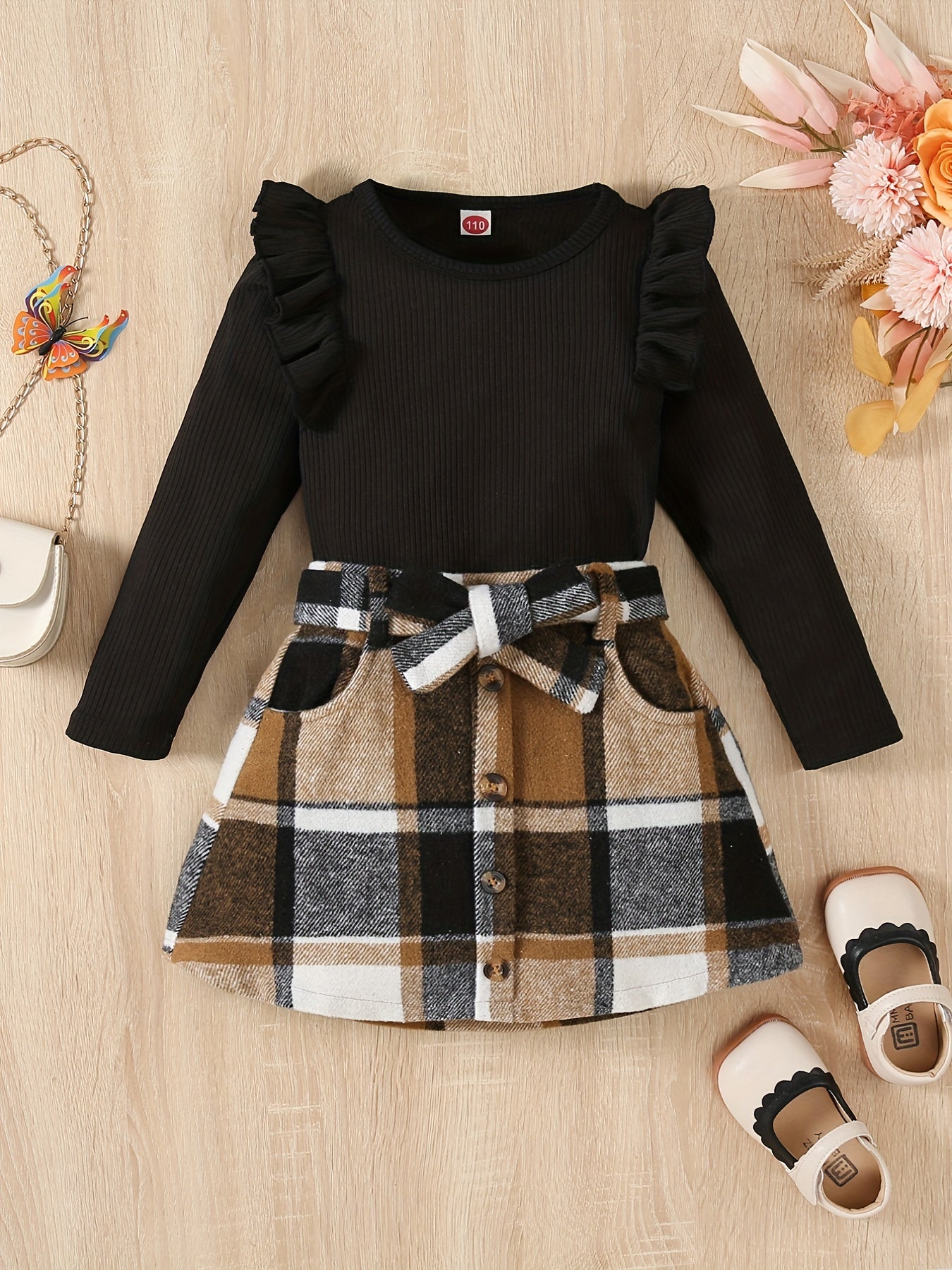 Baby Girls Knitted Ruffle Top & Plaid Skirt Set