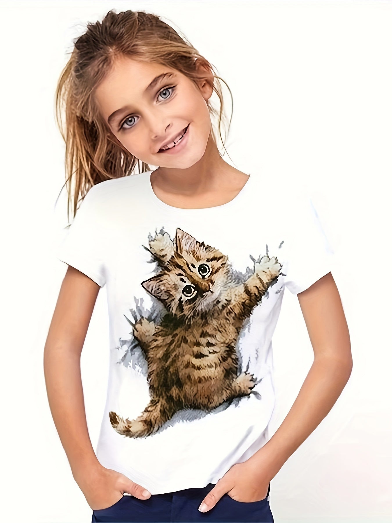 Cute Cartoon Kitty Short Sleeve Tee - Girls Summer Gift