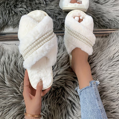 Women's Fluffy Cross Strap Slippers with Faux Pearl Decor