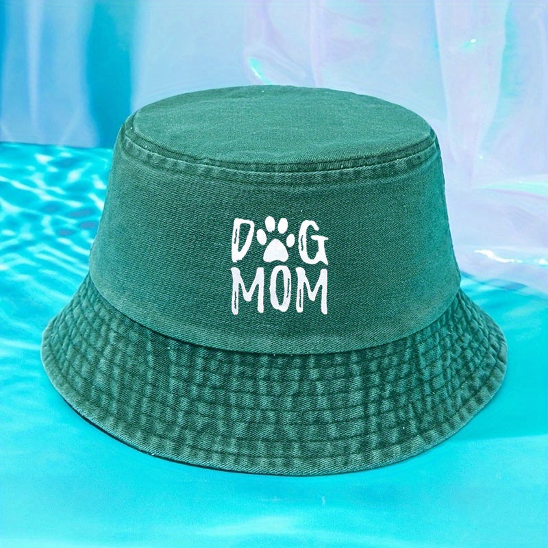 DOG MOM Print Bucket Hat Washed Distressed Sunscreen Cap