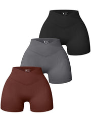 3pcs Cross Waist Ribbed Yoga Shorts Seamless Workout High Waist
