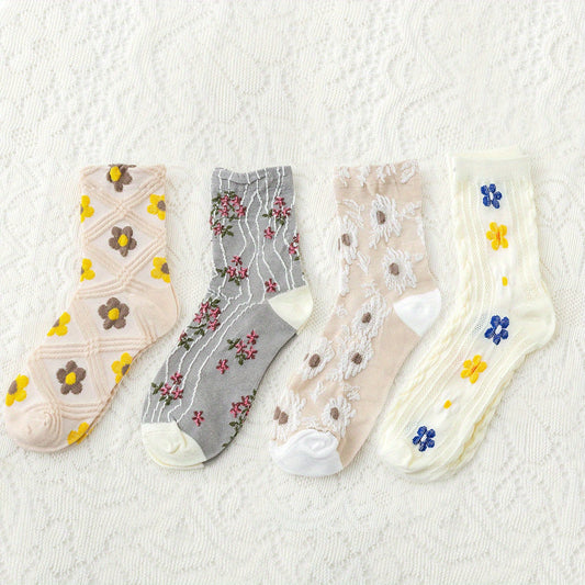 4 Pairs Floral Print Socks Mid Tube Stockings & Hosiery