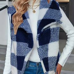 Gingham Print Open Front Vest Coat