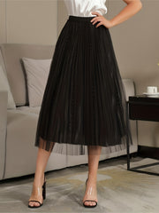 Beaded Mesh A Line High Waist Skirt Solid Pleated Women's Clothing