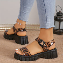 Leopard Pattern Faux Leather Sandals Thick Sole Lightweight Non Slip Beach Shoes