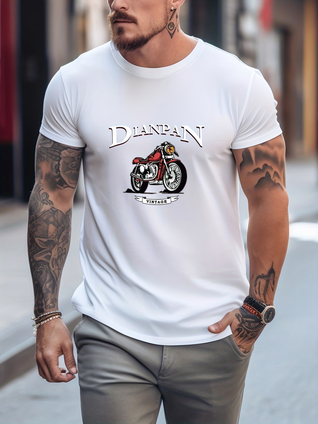 Retro Letter Motorcycle Print Men's Graphic Crew Neck T-shirt