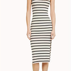 Stripe Print Turtleneck Slit Dress - Sleeveless Dress for Spring & Summer