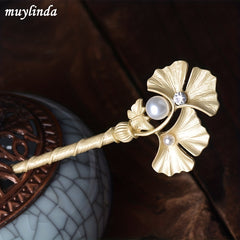 Vintage Ginkgo Leaf Hairpin Faux Pearl Hair Stick
