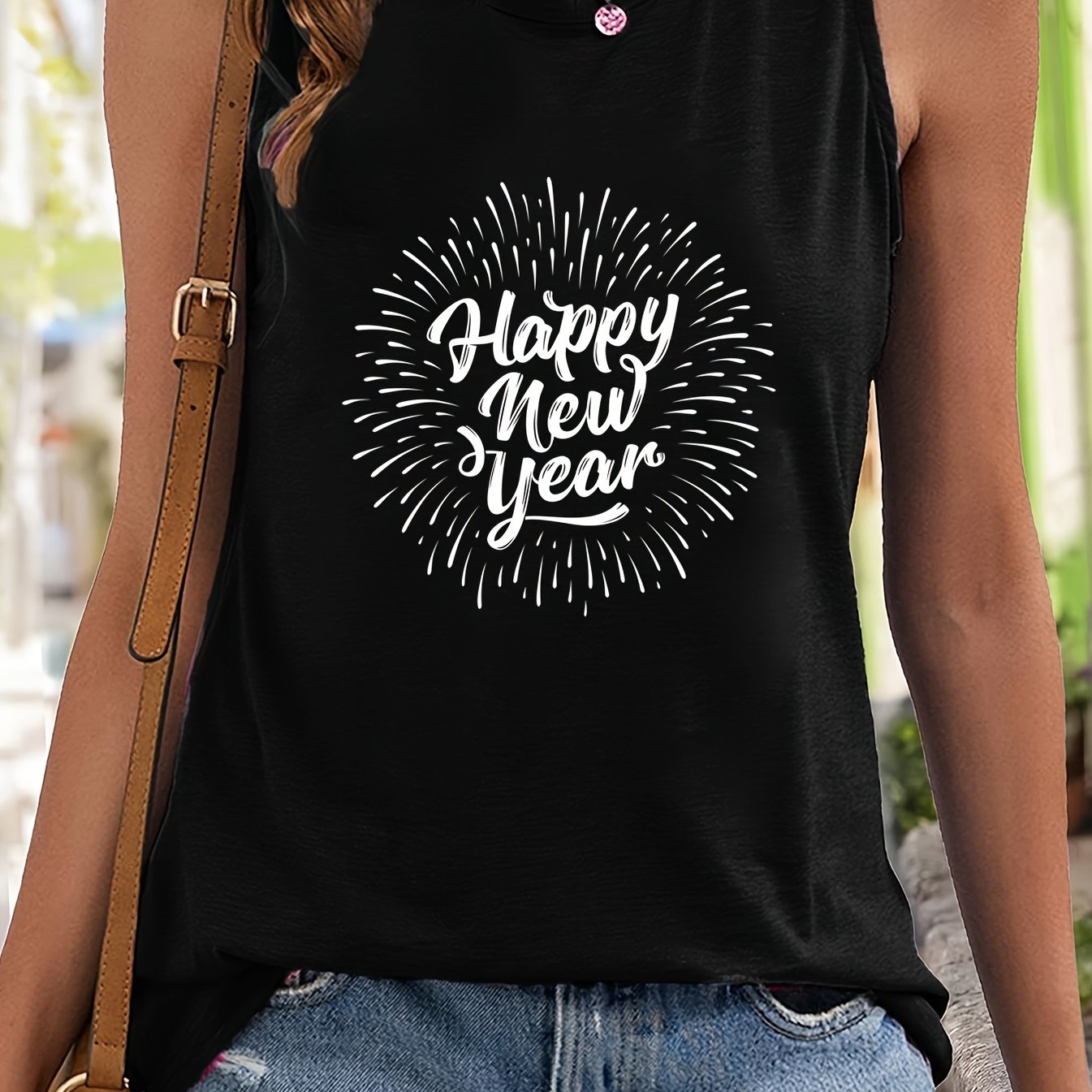 Year & Firework Sleeveless Vest Stretchy Casual Top