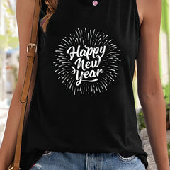 Year & Firework Sleeveless Vest Stretchy Casual Top