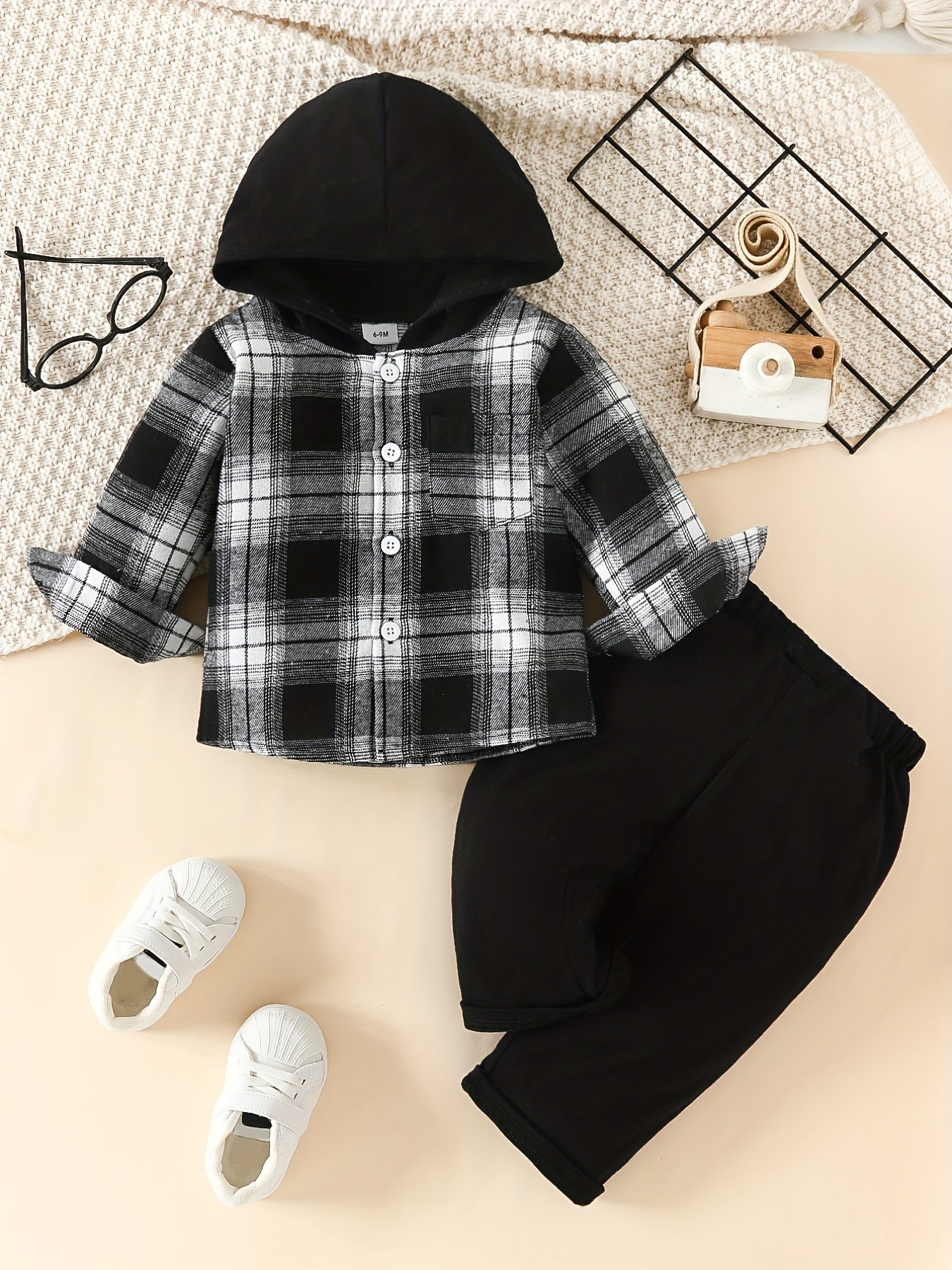 Boy's Plaid Block Hooded Shirt & Pants Set Spring Fall Outfit
