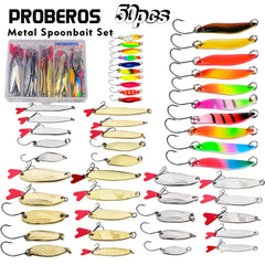 50pcs Metal Spoon Fishing Lure Spinner Bait Kit with Box Bass Trout Salmon
