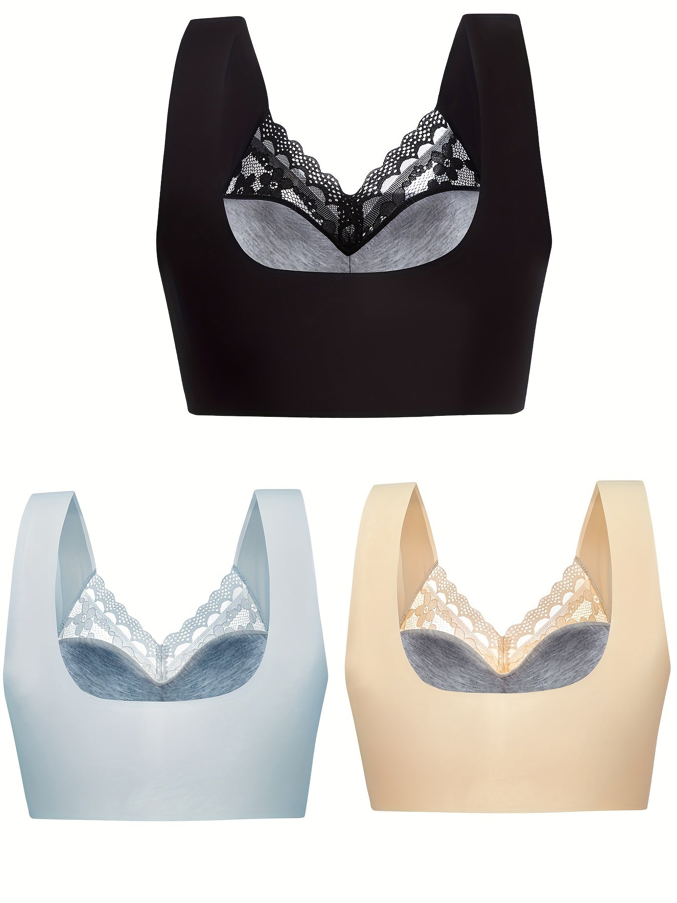 3pcs Full Coverage Lace Wireless Bras for Women's Lingerie