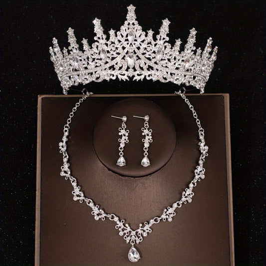 Silvery Crystal Bridal Jewelry Set Rhinestone Tiara Crown Necklace Earrings