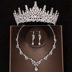 Silvery Crystal Bridal Jewelry Set Rhinestone Tiara Crown Necklace Earrings