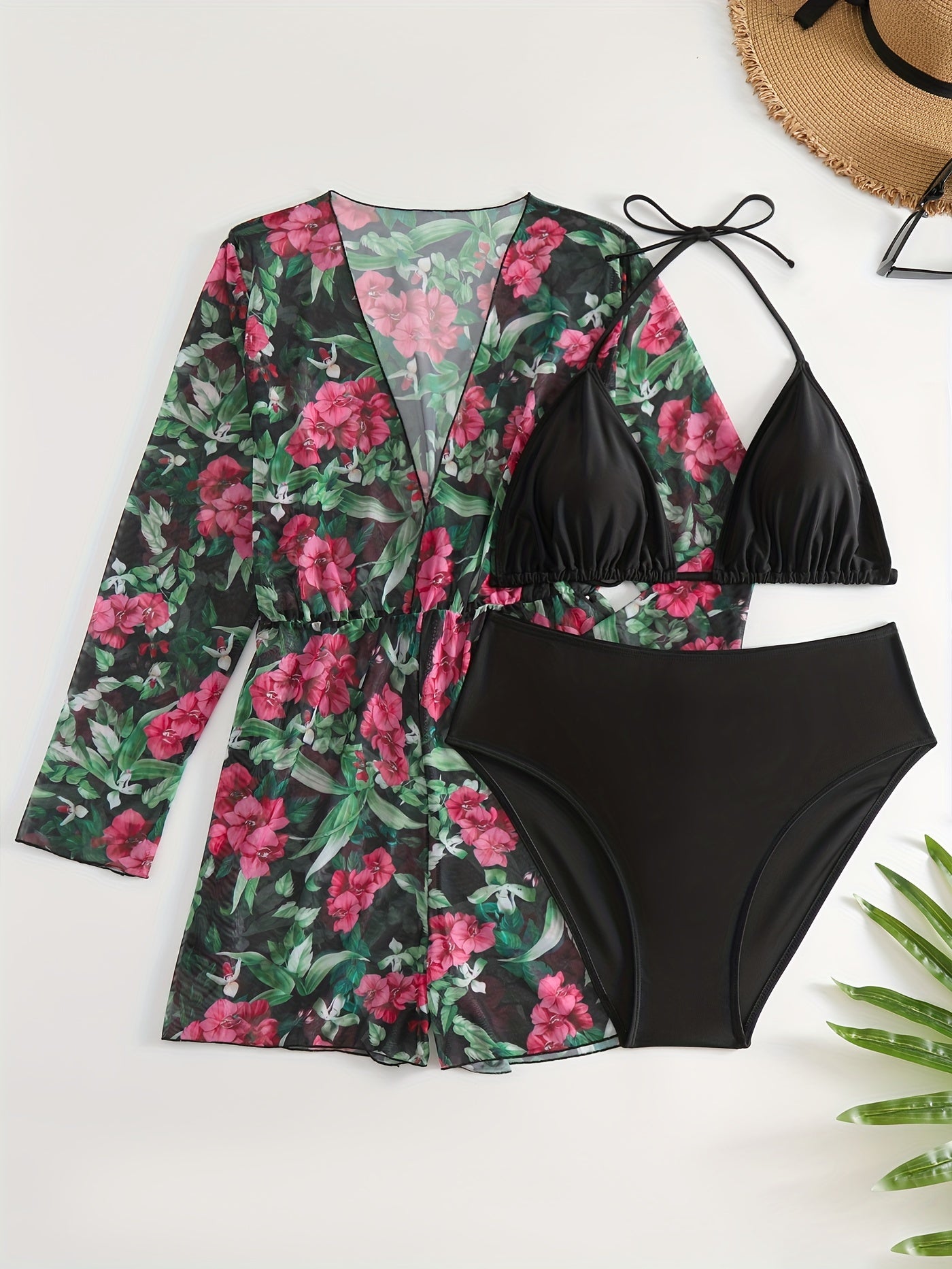 Bikini Set Women's Floral Print Cover Up & Halter Bra Panty Swimsuit