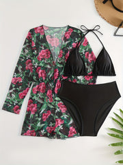 Bikini Set Women's Floral Print Cover Up & Halter Bra Panty Swimsuit