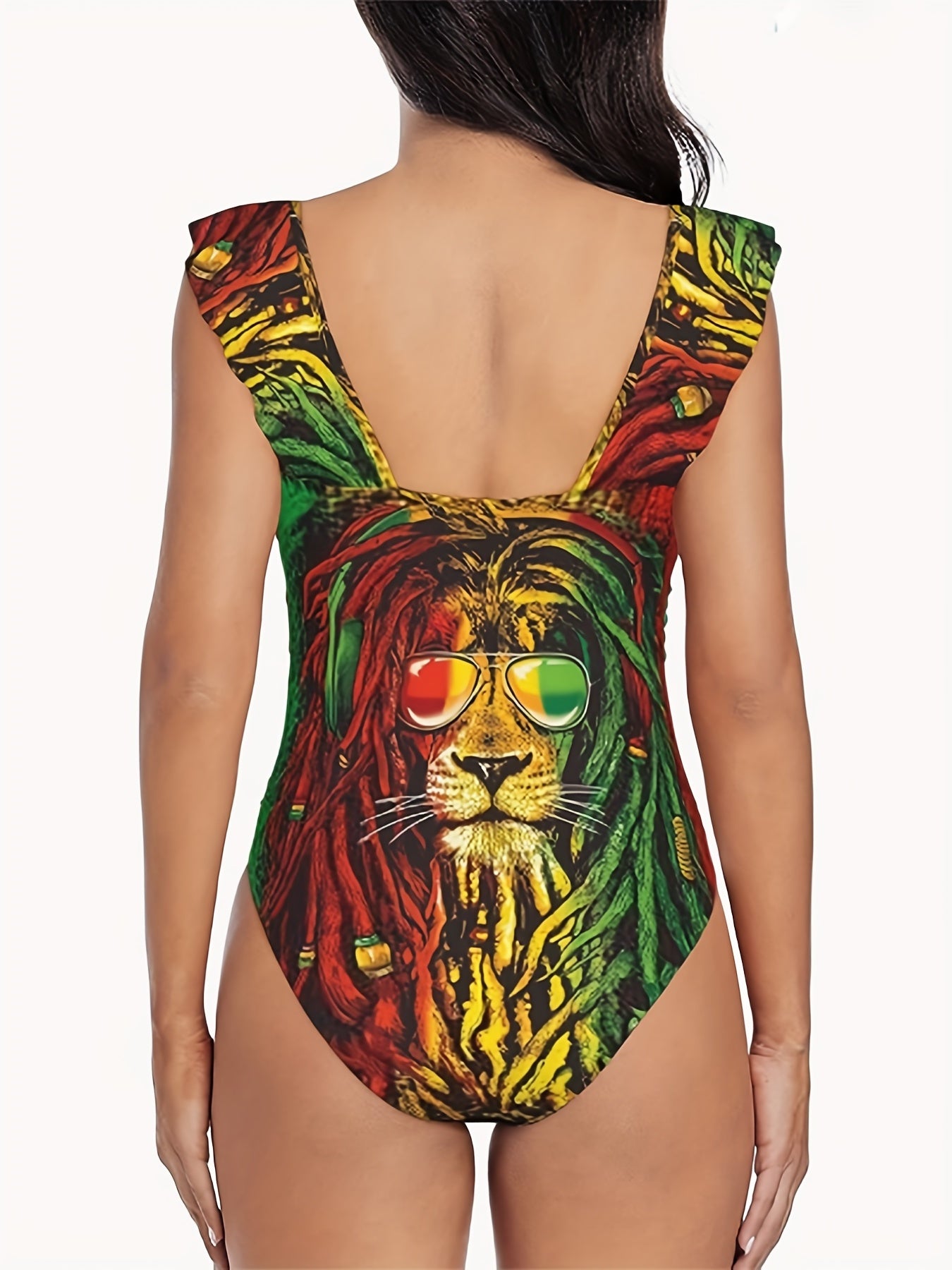 Lion Print Deep V Neck One Piece Swimsuit