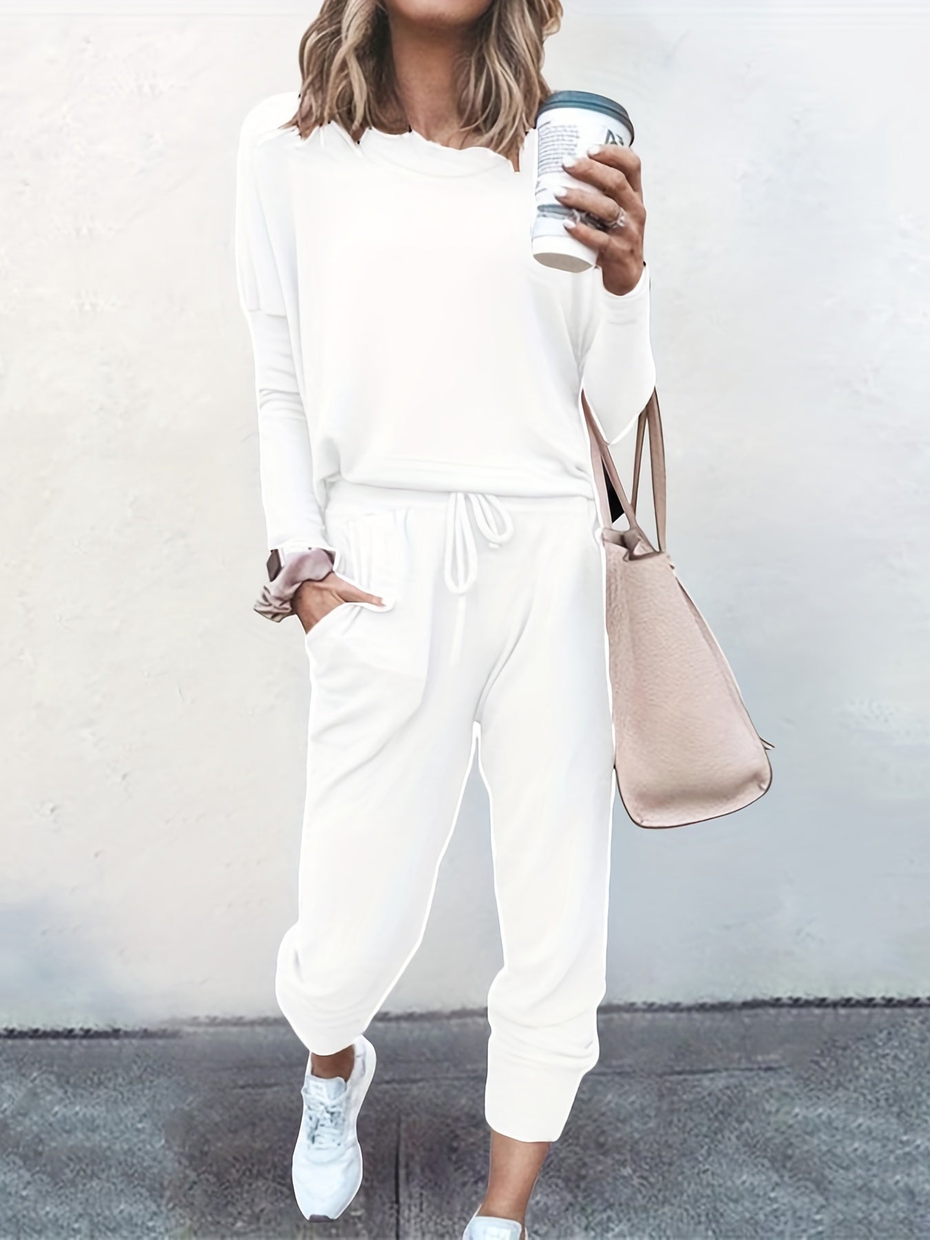 Solid Long Sleeve Top & Tapered Leg Pants Set