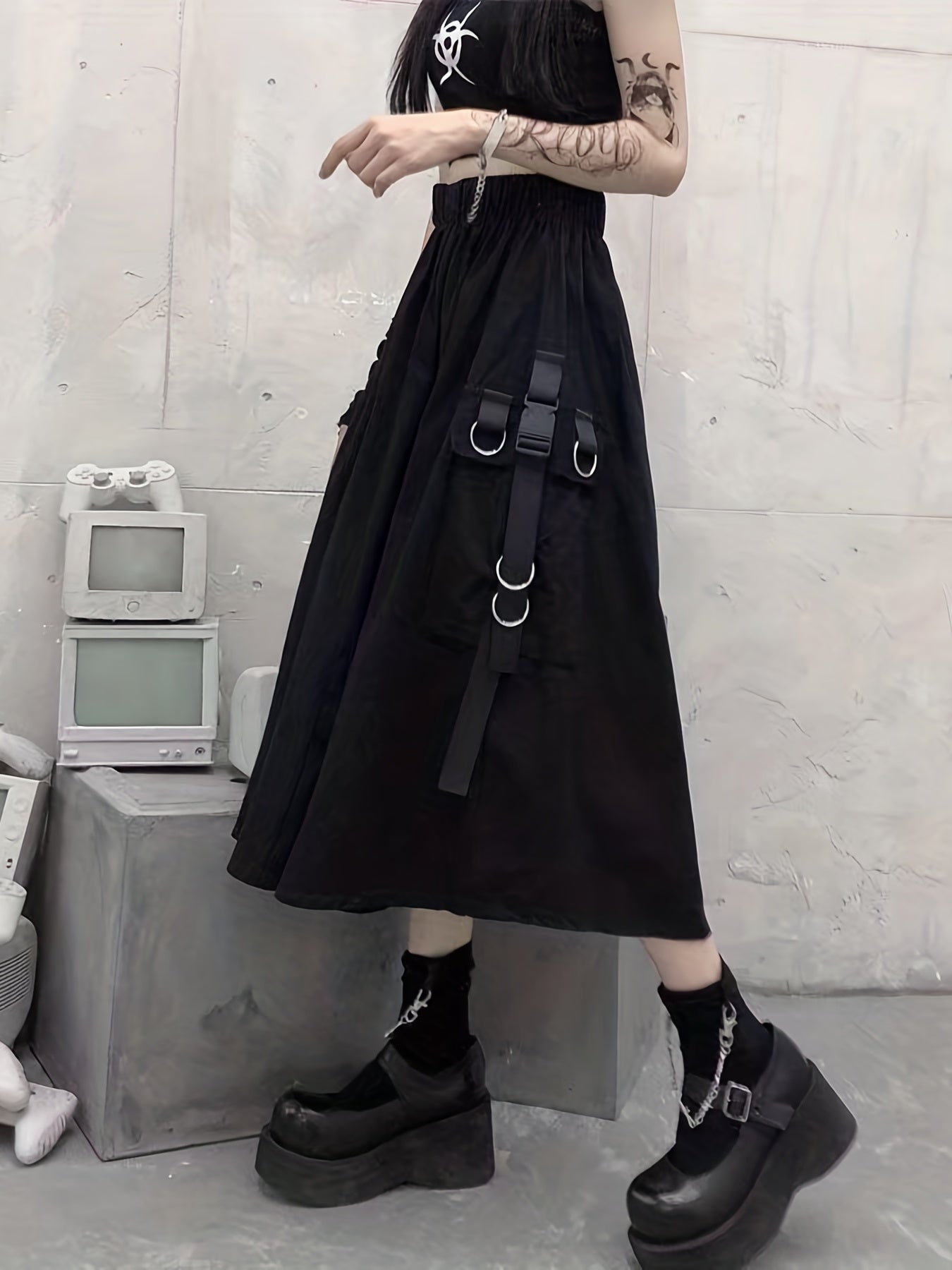 Solid Flap Pockets High Waist Skirt Casual Skirt For Spring & Fall
