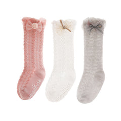 3 Pairs Baby Girls Non Slip Floor Socks Bow Ruffled Knee High Socks