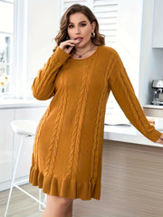 Casual Sweater Dress Women's Plus Solid Cable Knit Round Neck Long Sle