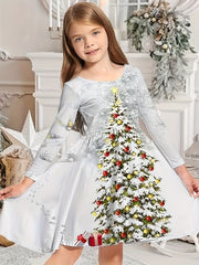 Girls 3D Snow Print Christmas Tree Dress