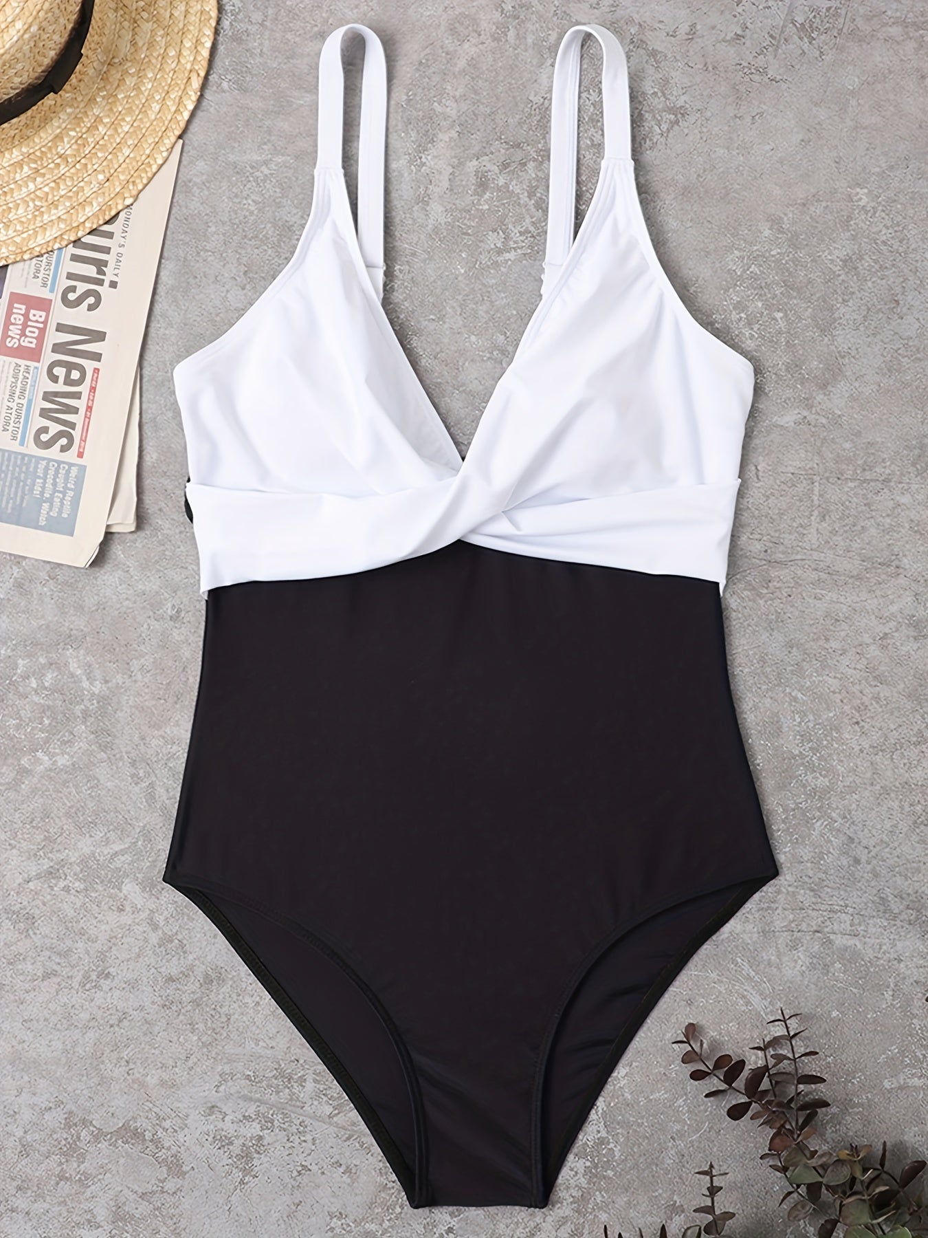 Criss Cross Ruched One Piece Swimsuit Pink Contrast V Neck Bathing Suit