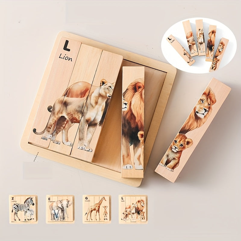 Wooden Animal Puzzle Toy 4 in 1 Animal Cognitive Puzzle Board