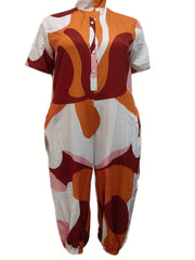 Casual Jumpsuit - Short Sleeve Button Up Collar Jumpsuit