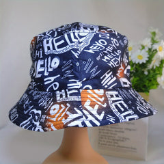 HELLO Letter Print Fisherman Hat Double-sided Casual Bucket Hat