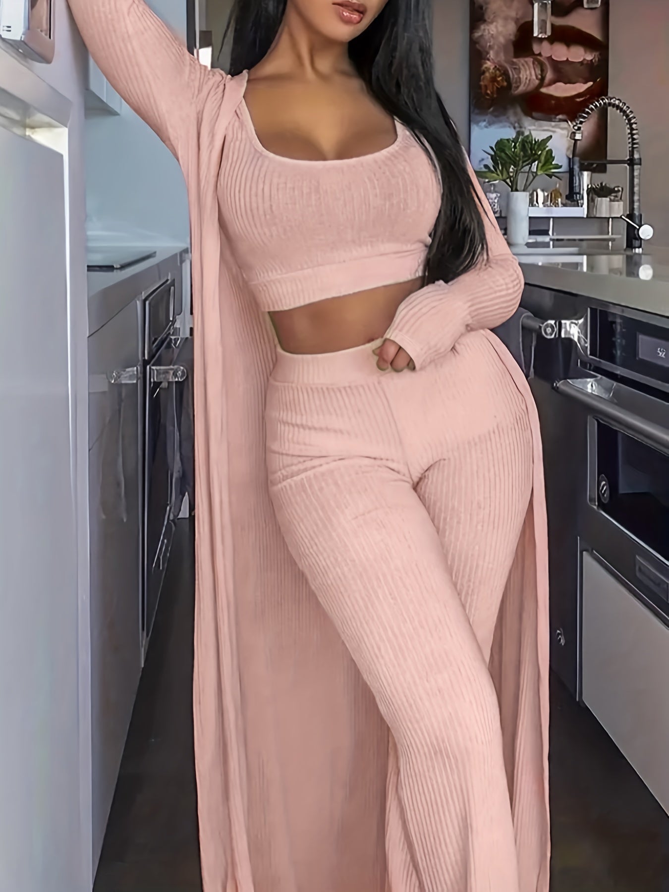 Ribbed Cardigan & Tank Top & Pants Outfit Set