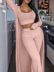 Ribbed Cardigan & Tank Top & Pants Outfit Set