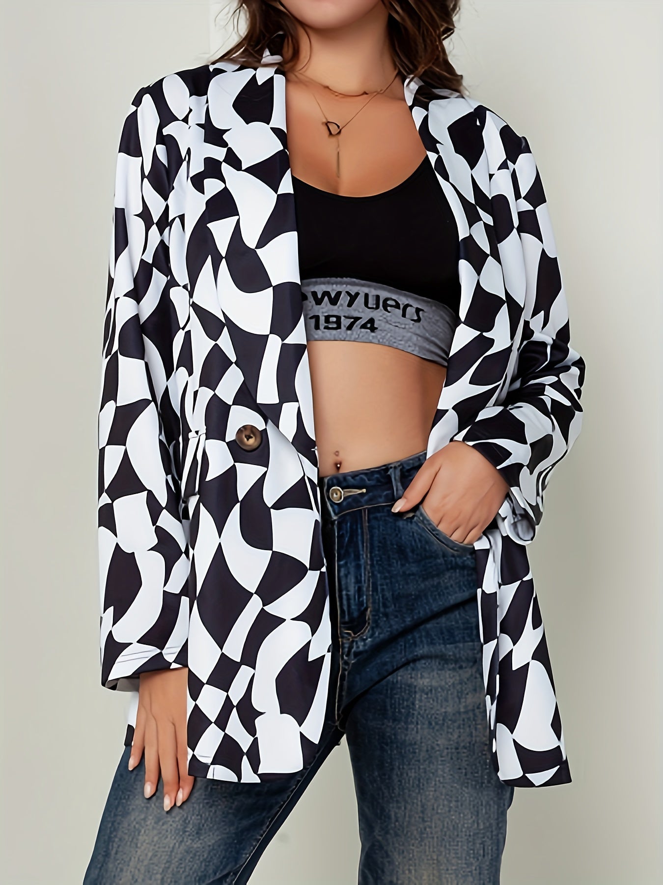 Geometric Print Double Breast Button Blazer