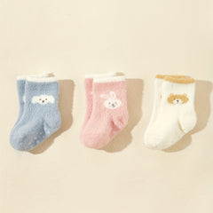 3pairs Baby Girls Cartoon Plush Non-slip Floor Socks for Autumn and Winter