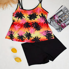 Coconut Tree Print Tank Top & Solid Shorts Swimsuit Set