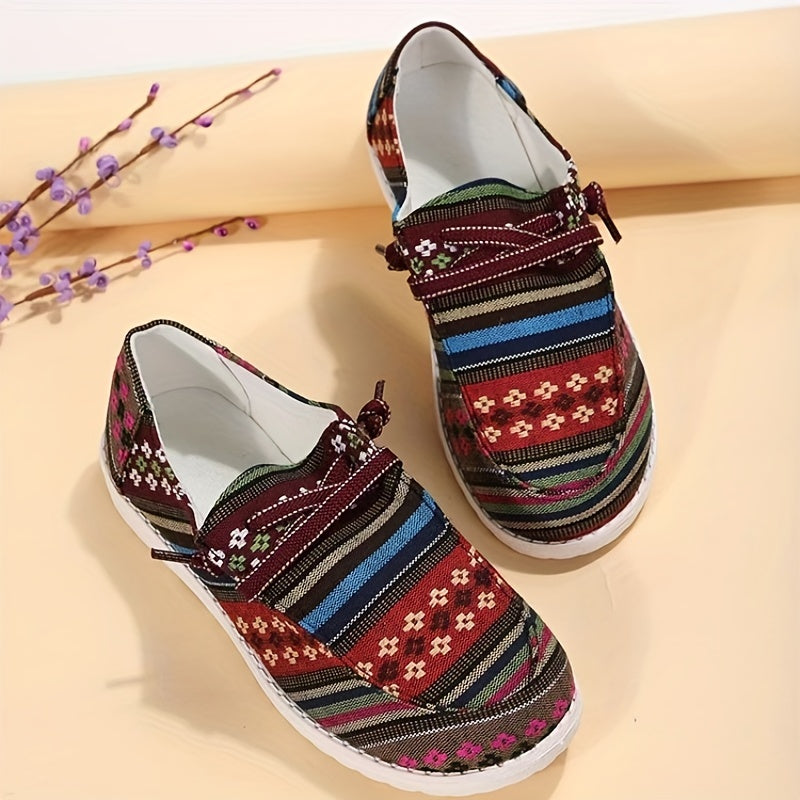 Floral & Stripe Graphic Boat Shoes Lace Up Flat Shoes Ethnic Style